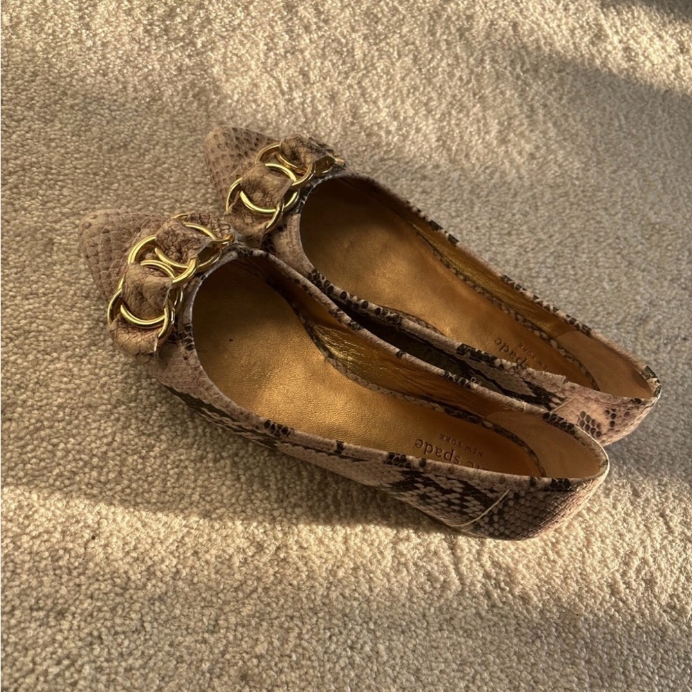 Kate Spade Beige Snake Print Loafers with Gold Accents